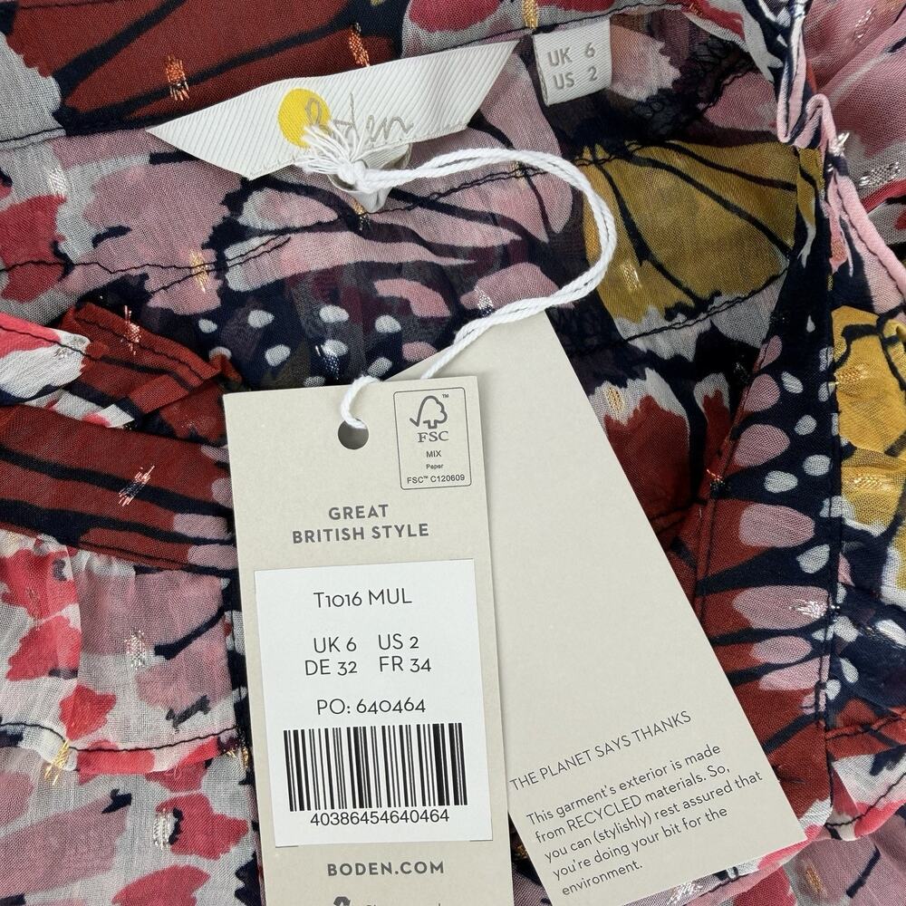 NEW BODEN Butterfly Ruffle Neck Shirt Multicolor Sheer Blouse Ruffled Cuffs US-2 - Picture 10 of 12